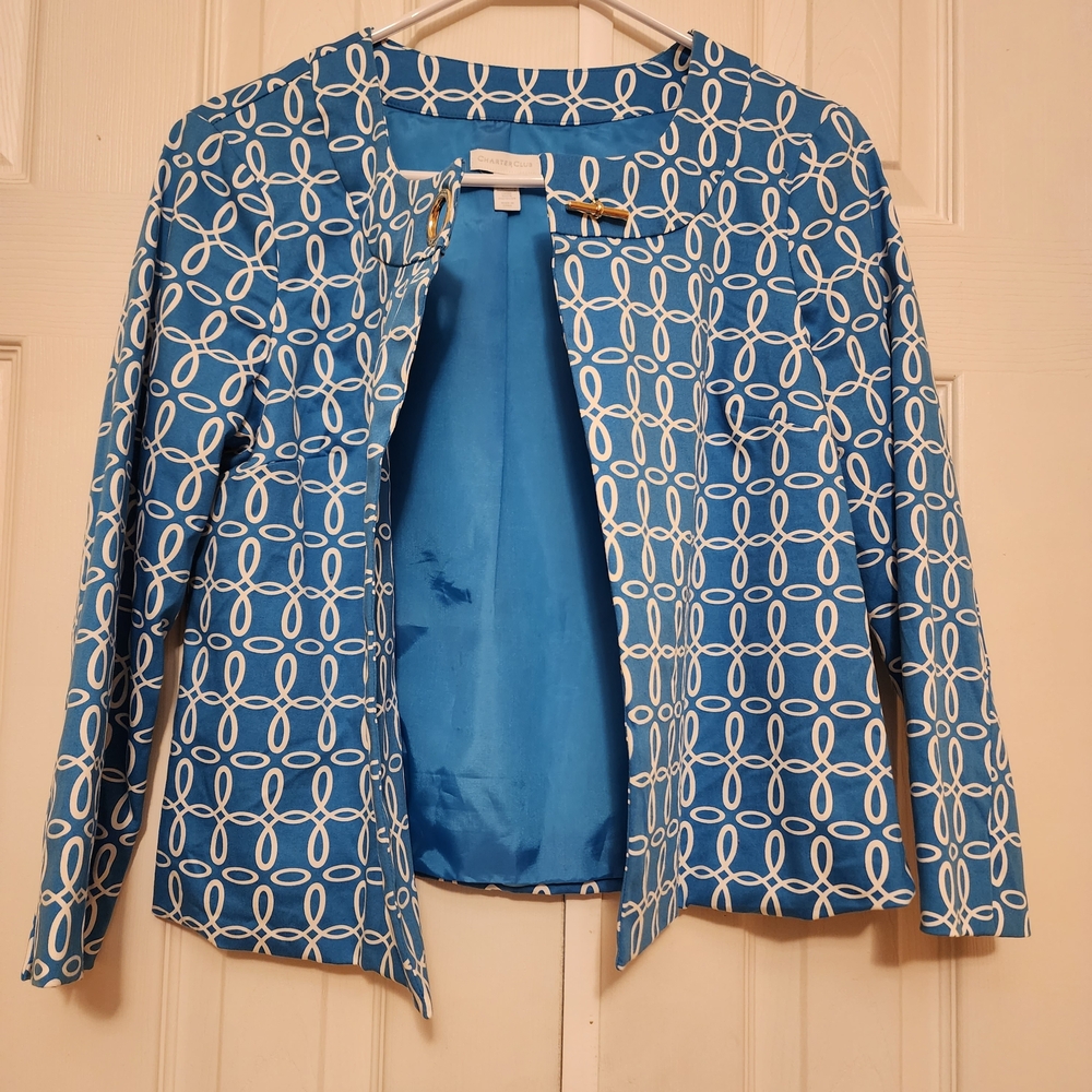 Charter Club Blue and White Blazer/Jacket 3/4 Sleeve Women's Size Medium - Picture 4 of 6